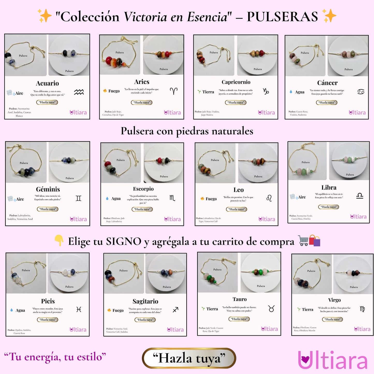 📿 Pulseras por Signo Zodiacal | Victoria en Esencia | Joyería con piedras naturales.
